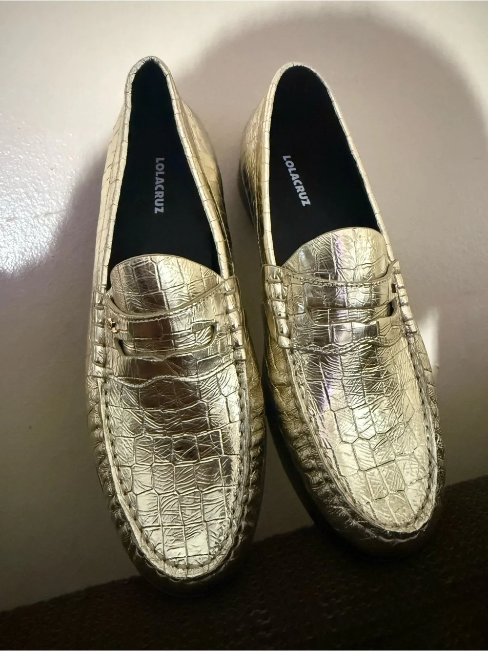 Metallic Gold Croc-Embossed Penny Loafers for Men